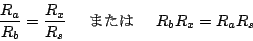 \begin{displaymath}
\frac{R_{a}}{R_{b}}=\frac{R_{x}}{R_{s}}\hspace*{5mm} または \hspace*{5mm}R_{b}R_{x}=R_{a}R_{s}
\end{displaymath}