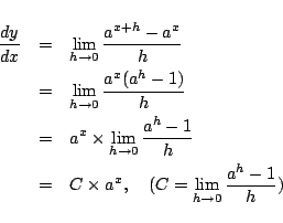 \begin{eqnarray*}
\frac{dy}{dx}&=&\lim_{h\to0}\frac{a^{x+h}-a^x}{h}\\
&=&\lim...
...h-1}{h}\\
&=& C\times a^x,\quad(C=\lim_{h\to0}\frac{a^h-1}{h})
\end{eqnarray*}