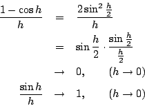 \begin{eqnarray*}
\lefteqn{
\frac{\sin(x+h)-\sin x}{h}
}
\\
&=&
\sin x \cdot\frac{\cos h-1}{h}
+\cos x\cdot\frac{\sin h}{h}
\end{eqnarray*}