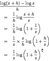 \begin{displaymath}
\left\{\log x\right\}'=\frac{1}{x}
\end{displaymath}