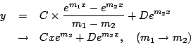 \begin{eqnarray*}
y &=& C\times\frac{e^{m_1x}-e^{m_2x}}{m_1-m_2}+De^{m_2x}\\
&\to& Cxe^{m_2}+De^{m_2x},\quad(m_1\to m_2)
\end{eqnarray*}