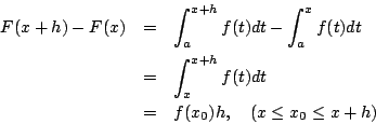 \begin{eqnarray*}
F(x+h)-F(x)
&=& \int_a^{x+h}f(t)dt-\int_a^xf(t)dt
\\ &=&
\int_x^{x+h} f(t)dt\\
&=& f(x_0)h,\quad(x\le x_0\le x+h)
\end{eqnarray*}