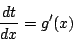 \begin{displaymath}
\frac{dt}{dx}=g'(x)
\end{displaymath}
