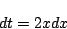 \begin{displaymath}
dt=2xdx
\end{displaymath}