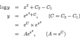 \begin{eqnarray*}
\log y&=& x^2+C_2-C_1\\
y&=& e^{x^2+C},\qquad(C=C_2-C_1)\\
&=& e^{C}\times e^{x^2}\\
&=&Ae^{x^2},\qquad(A=e^{C})
\end{eqnarray*}