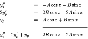 \begin{eqnarray*}
\begin{array}{lll}
y''_p&=&-A\cos x-B\sin x\\
2y'_p&=&2B\c...
...-----------}\\
y''_p+2y'_p+y_p &&2B\cos x-2A\sin x
\end{array}\end{eqnarray*}