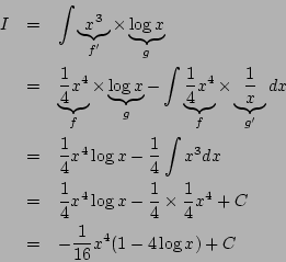 \begin{eqnarray*}
I&=& \int\underbrace{x^3}_{f'}\times
\underbrace{\log x}_{g}...
...}{4}\times\frac{1}{4}x^4+C\\
&=& -\frac{1}{16}x^4(1-4\log x)+C
\end{eqnarray*}