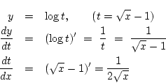 \begin{eqnarray*}
y &=& \log t,\qquad(t=\sqrt{x}-1)
\\
\frac{dy}{dt}&=&(\log...
...rt{x}-1}
\\
\frac{dt}{dx}&=&(\sqrt{x}-1)'=\frac{1}{2\sqrt{x}}
\end{eqnarray*}