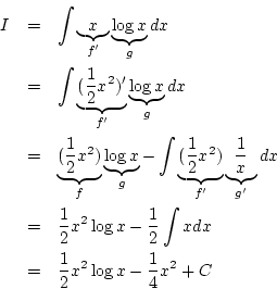 \begin{eqnarray*}
I&=&
\int\underbrace{x}_{f'}\underbrace{\log x}_{g}dx\\
&=...
...rac{1}{2}\int xdx\\
&=&
\frac{1}{2}x^2\log x-\frac{1}{4}x^2+C
\end{eqnarray*}
