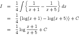 \begin{eqnarray*}
I&=&\frac{1}{4}\int\left\{\frac{1}{x+1}-\frac{1}{x+5}\right\}...
...x+1)-\log(x+5)\right\}+C\\
&=&\frac{1}{4}\log\frac{x+1}{x+5}+C
\end{eqnarray*}