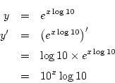 \begin{eqnarray*}
y&=& e^{x\log 10}\\
y'&=& \left(e^{x\log 10}\right)'\\
&=&\log 10 \times e^{x\log 10}\\
&=& 10^x\log 10
\end{eqnarray*}