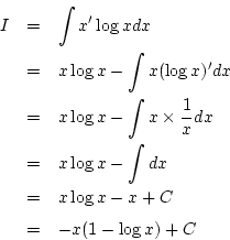 \begin{eqnarray*}
I&=& \int x'\log xdx\\
&=& x\log x - \int x (\log x)'dx\\
...
...& x\log x - \int dx\\
&=& x\log x - x+C\\
&=& -x(1-\log x)+C
\end{eqnarray*}