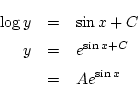 \begin{eqnarray*}
\log y &=& \sin x+C\\
y &=& e^{\sin x+C}\\
&=& Ae^{\sin x}
\end{eqnarray*}