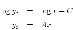 \begin{eqnarray*}
\log y_c &=& \log x+C\\
y_c &=& Ax
\end{eqnarray*}
