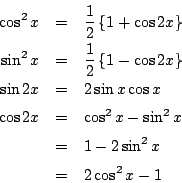 \begin{eqnarray*}
\cos^2 x&=& \frac{1}{2}\left\{1+\cos2x\right\}\\
\sin^2 x&=...
...
\cos2x &=& \cos^2x-\sin^2x\\
&=&1-2\sin^2x\\
&=&2\cos^2x-1
\end{eqnarray*}