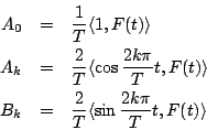 \begin{eqnarray*}
A_0&=&\frac{1}{T}\langle{1,F(t)}\rangle \\
A_k&=&\frac{2}{T...
...\
B_k&=&\frac{2}{T}\langle{\sin\frac{2k\pi}{T}t, F(t)}\rangle
\end{eqnarray*}