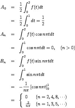 \begin{eqnarray*}
A_0&=& \frac{1}{2}\int_0^2 f(t)dt\\
&=& \frac{1}{2}\int_0^1...
...\cdots)\\
\frac{2}{n\pi}&(n=1,3,5,\cdots)
\end{array} \right.
\end{eqnarray*}