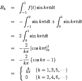 \begin{eqnarray*}
B_k&=& \int_{-1}^1 f(t)\sin k\pi tdt\\
&=& -\int_{-1}^0\sin...
...1, 3, 5, \cdots)\\
0& (k=2, 4, 6, \cdots)
\end{array} \right.
\end{eqnarray*}
