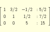\begin{eqnarray*}
\left[
\begin{array}{ccc@{\hspace{2ex}:\ }c}
1& 3/2& -1/2& 5/2\\
0& 1& 1/2& 7/2\\
0& 0& 5& 15
\end{array} \right]
\end{eqnarray*}