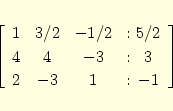 \begin{eqnarray*}
\left[
\begin{array}{ccc@{\hspace{2ex}:\ }c}
1& 3/2& -1/2& 5/2\\
4& 4& -3& 3\\
2&-3& 1& -1
\end{array} \right]
\end{eqnarray*}