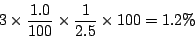 \begin{displaymath}
3\times \frac{1.0}{100} \times \frac{1}{2.5} \times 100 = 1.2 \%
\end{displaymath}