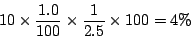 \begin{displaymath}
10\times \frac{1.0}{100} \times \frac{1}{2.5} \times 100 = 4 \%
\end{displaymath}