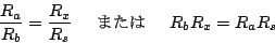 \begin{displaymath}
\frac{R_{a}}{R_{b}}=\frac{R_{x}}{R_{s}}\hspace*{5mm} $B$^$?$O(B \hspace*{5mm}R_{b}R_{x}=R_{a}R_{s}
\end{displaymath}