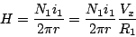 \begin{displaymath}
H = \frac{N_1 i_1}{2 \pi r} = \frac{N_1 i_1}{2 \pi r} \frac{V_x}{R_1}
\end{displaymath}