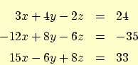 \begin{eqnarray*}
3 x + 4 y - 2 z &=& 24 \\
-12 x + 8 y - 6 z &=& -35 \\
15 x - 6y + 8 z &=& 33
\end{eqnarray*}